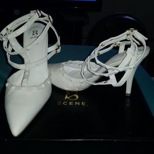 White faux leather heels